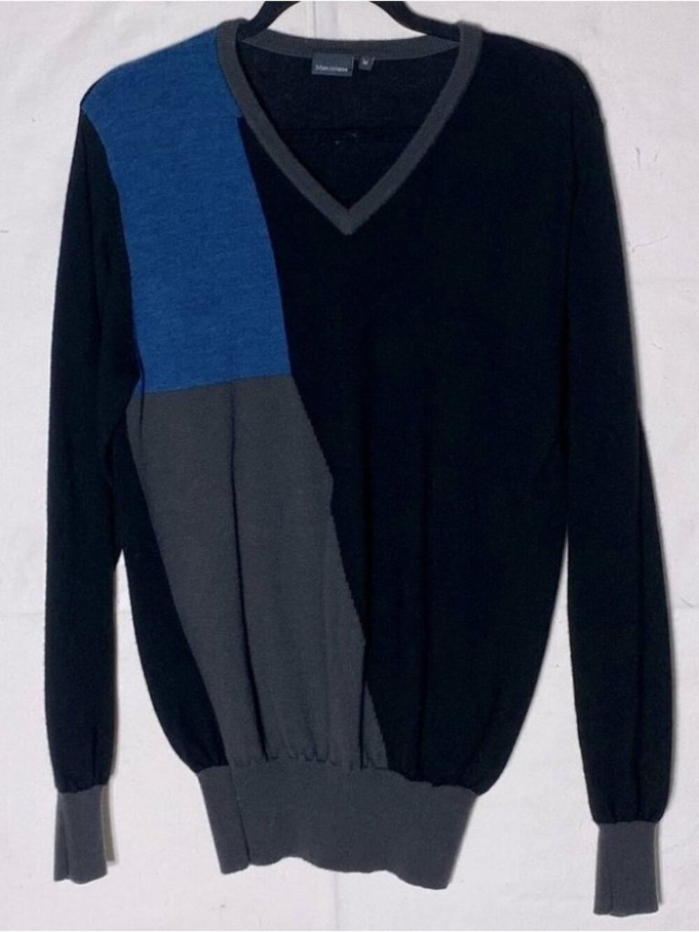 Matinique Black Blue Grey Colour Block Wool Long Sleeve V Neck Sweater M